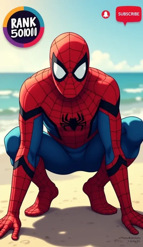 Image is a digital illustration featuring a superhero character in a red and blue costume, resembling a spider motif, crouched on a sandy beach. The character has a red mask with large white eye patches, and the suit includes black web-like patterns. The b...