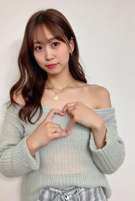    High Definition   、  female 1 person、   fluffy off-shoulder pajamas,    make a big heart with both hands   , Hold it in front of your chest   , Look above your neck 、   monotone background  

