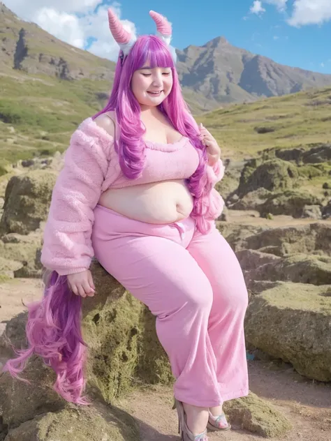 ((((Fat)))) a girl with hair and horns on her head, smile, open mouth, bangs, blue eyes, animal ears, tail, pink hair, outdoors, one eye closed, sky, teeth, day, pants, cloud, fur trim, rope, pink pants