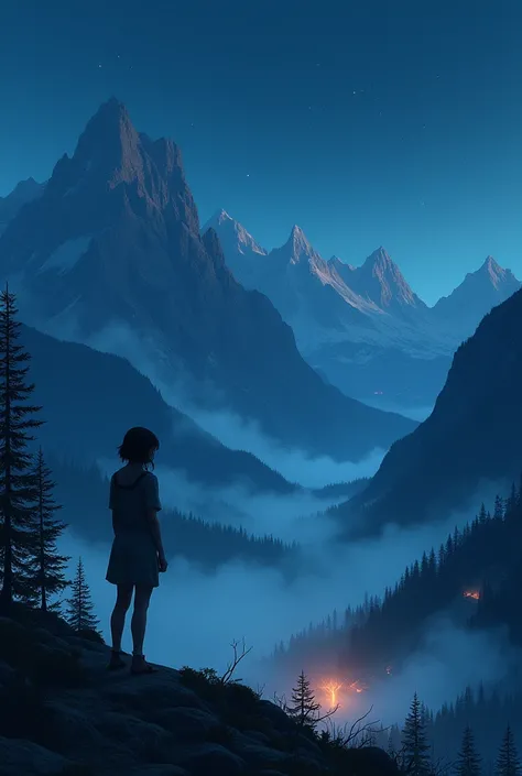 At night in the middle of the mountains , With a girl who observes