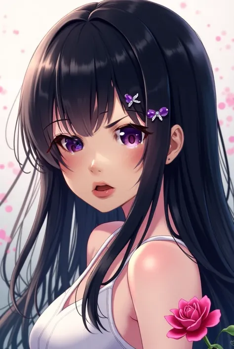 an anime style girl with black hair, 1girl, solo, flower, long hair, hair ornament, black hair, upper body