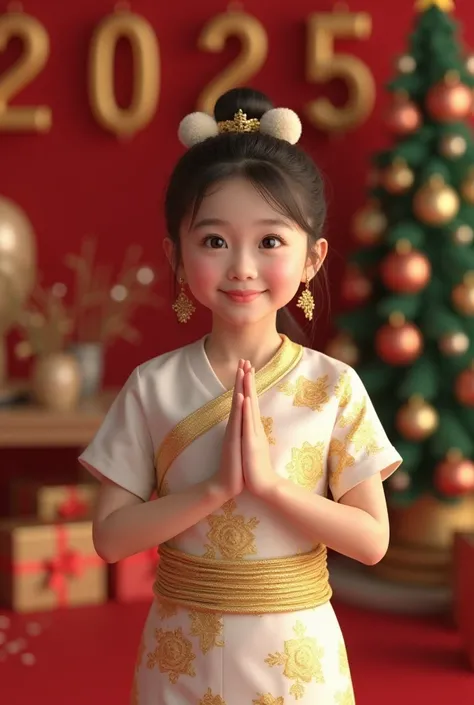 Full details, High definition, Realistic, Gold postcard, "Happy New Year 2025" Malaysian Korean Japanese girl, wearing Thai Lanna dress, wearing white and gold sarong, standing, raising hands in prayer, praying, looking into the eyes, bright eyes, smiling ...