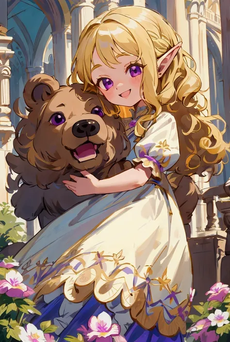 1girl, adorable young elf girl in an elegant palace. She is six years old, wearing a pretty dress. She has long, blonde, curly hair and violet eyes. She is smiling at the camera as she holds a bear in her arms. 