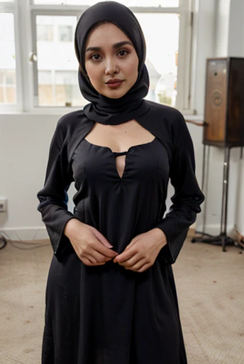 (Cute tween Hijab abaya fashion model:1.5), bust focus, natural light, Busty, thick, curvy, bouncy, hourglass body, posing for picture, very long hair, black-brown hair, black eyes, natural lighting, thin waist, big wide rounded hips, perfect lips, young, ...