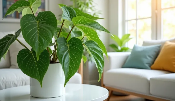 "A vibrant and lush indoor plant displayed in a modern pot. The plant features large green leaves with intricate vein patterns, giving it a lively and fresh appearance. The pot is a sleek, minimalist design, made of ceramic with a glossy white finish. The ...