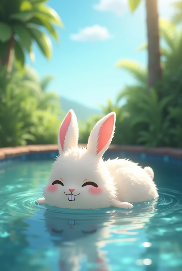 Create an image of a rabbit sunbathing in a pool