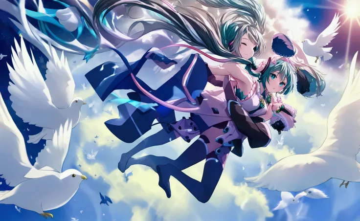 ((masterpiece,  top quality ,  super definition,  high res)), Hatsune Miku ,Fly through the sky with a flock of white pigeons,