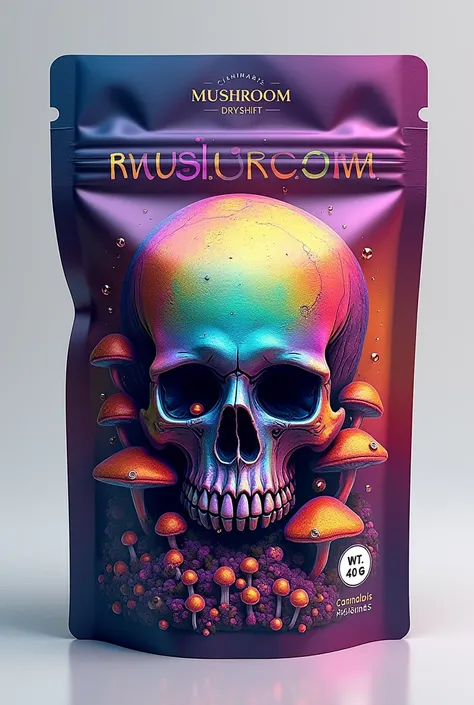 A 3D rendering of a pouch with the brand name "MUSHROOM" in a serif font. Below the brand name, there is the text "DRY SHIFT". There is a small text "CANNABIS RESINS" somewhere on the pouch. The pouch contains psychdeulic skull with mushrooms with rainbow ...