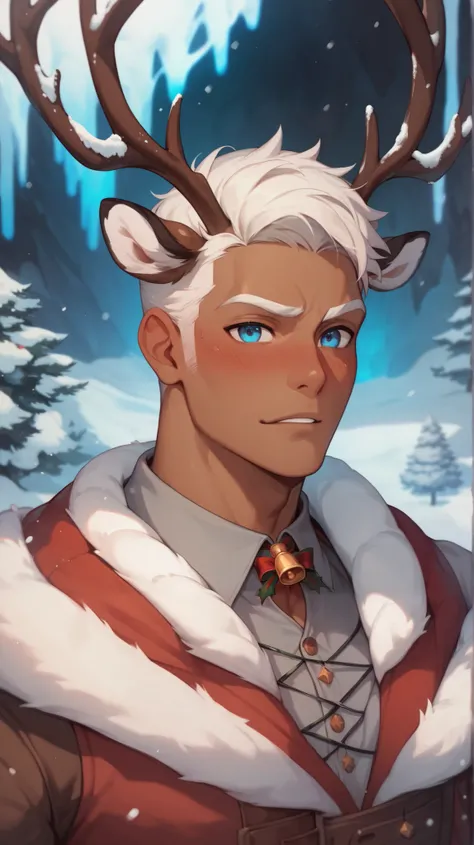 masterpiece,  best quality, Soul Body ，Handsome boy，slim figure，dark cave， glowing blue eyes，((dark body))，Mucus， blush，  Handsome,  muscular, White hair,  and antlers on its head, Little brown deer costume , Ski Resort, heavy snow,  Christmas