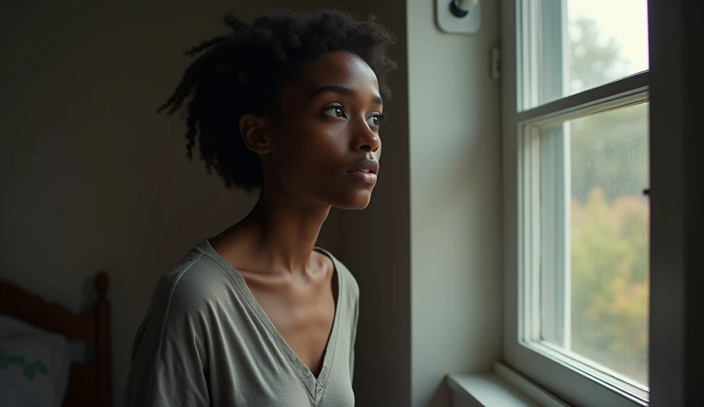 A real picture showing a young black woman in her bedroom, standing near the  house window watch outside of the house, unhappy looking surprised 