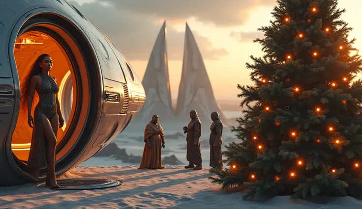 Realistic Beyonce gets out of the spaceship. Against the background of the planet, futuristic buildings , evening ,  christmas tree , there are 3 thick jabba 