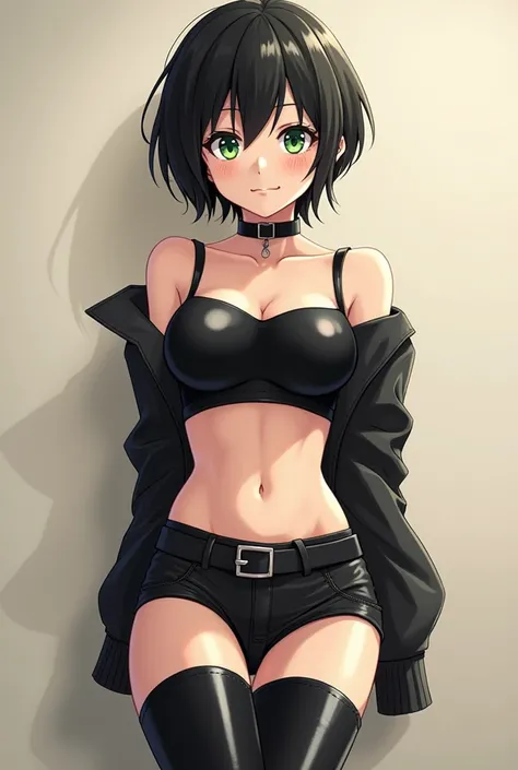 Anime character Kinos Journey, kino no tabi, tomboy, short hair, closed mouth, leather hotpants, tomboy, belt, tight high boots, androgynous, black short hair, expressionless, green eyes. in a black leather shorts and boots posing for a picture, dominatrix...