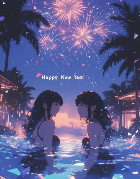 "Happy New Year" will be displayed on the screen as a header.

New Years night pool, fireworks of celebration, Late Night, Glowing night pool, The darkness and lights create a stylish atmosphere, An extraordinary resort-like vibes, celebration colorful con...