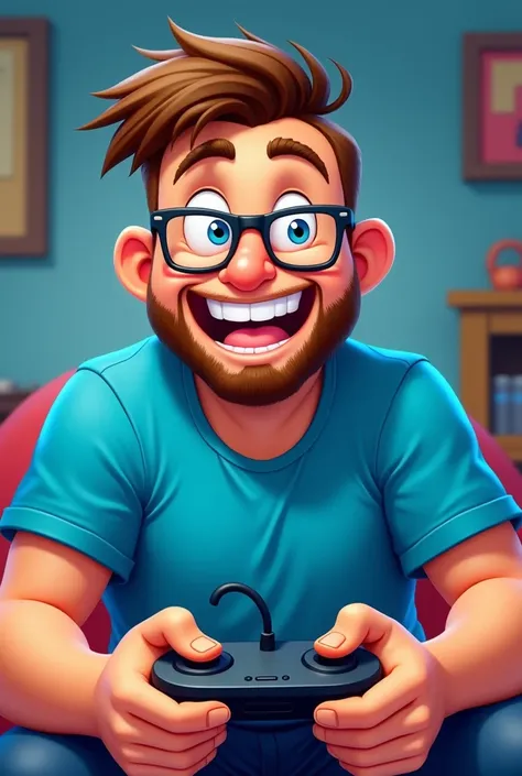 Boy with close beard ,  glasses and short hairstyle smiling while playing video games, de cuerpo ancho, with a blue t shirt, Cartoon 