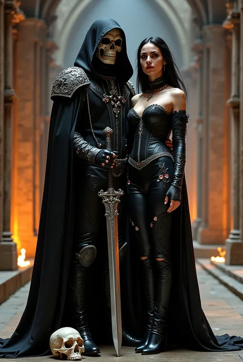 Create a hyper-realistic, gothic fantasy photograph of two imposing figures standing in a dramatic, dimly lit cathedral with an ancient, mystical ambiance. The male figure is dressed in an all-black, intricately detailed outfit with a long, flowing leather...