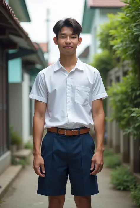 aReal picture, realistic, natural light , 17-year-old handsome korean man with muscles ,  wearing a short-sleeved white shirt with a right pocket, Neat Buttoned , Dark blue shorts,  brown belt , แบบชุดนักเรียนมัธยมชายประเทศไทย is standing in an alley of a ...