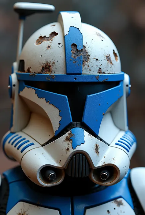 captain Rex helmet from star wars clone wars get hit by a blue lightsaber and its damaged put into a realistic image