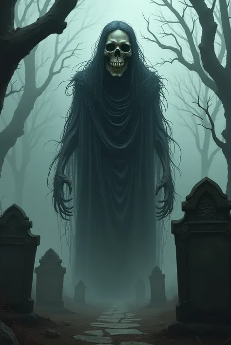 A terrifying skeleton with little black hair in a cemetery 