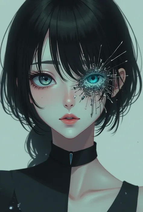 Anime girl with a shattered mask on her face with a cold expression on her face