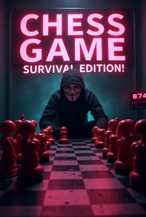 "Create a thrilling YouTube thumbnail combining the themes of Squid Game and a live chess stream. Feature a chessboard designed in the style of Squid Games eerie atmosphere, with dark, moody lighting and red jumpsuit-clad characters as chess pieces. Add a ...