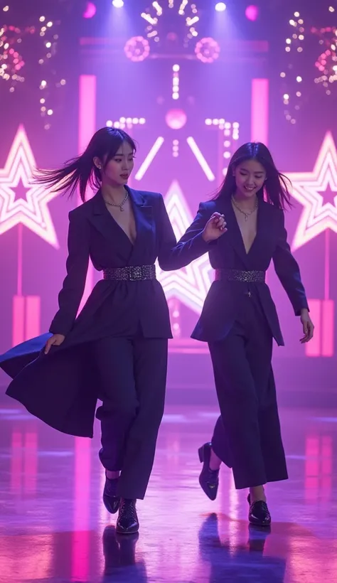 Two Korean Girl in a designer suit  on a dancing stage, stage was decorated with a purple lighting and led neon stars,height of panda and girl are same, they are dancing on stage 