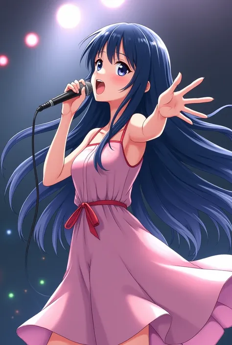 Anime and manga drawing of a woman with long navy blue hair ,  singing with all her heart deep with her microphone and a pink dress