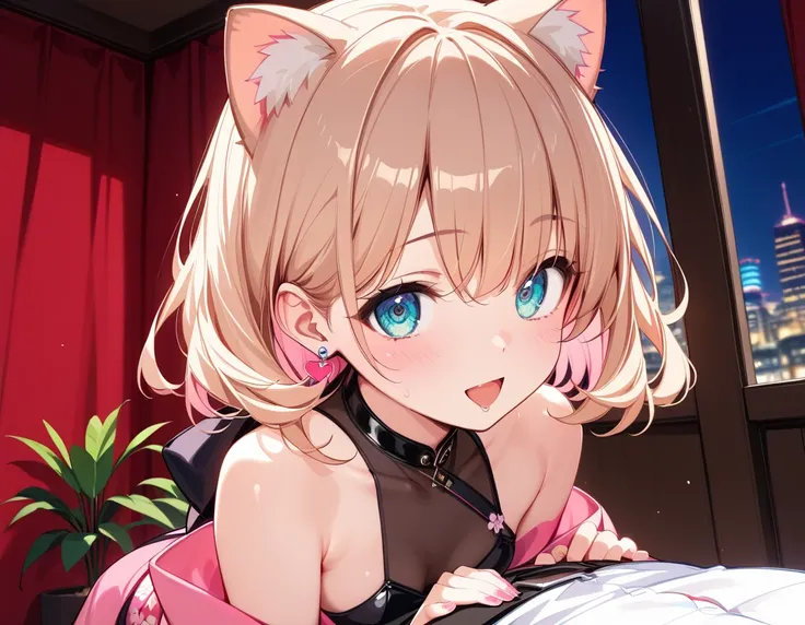   high image quality 、        High Quality       、        One girl with cat ears      、        Beige Hair   、 The inside of the hair is a pastel pink inner color、Beige ears 、 medium hair  、  Rob    、    Beige hair surface、 turquoise eyes  、  short、       s...