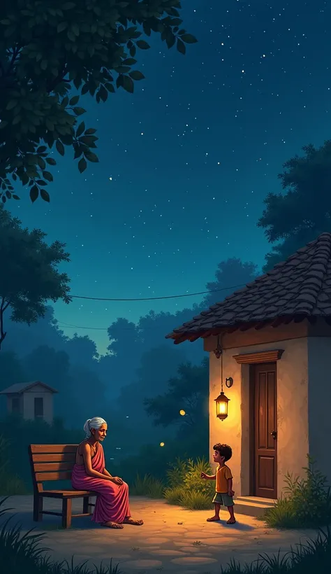 Prompt:
A serene village scene at night, with a young boy and an elderly woman sitting on a wooden bench in a small courtyard. The grandmother, dressed in a simple sari, looks calm and wise, while the boy, wearing modern city clothes, gazes at her with cur...