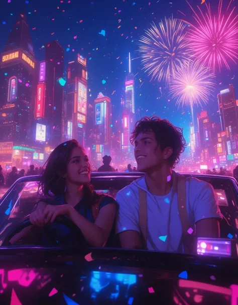 "Happy New Year" will be displayed on the screen as a header. 
fireworks of celebration, celebration colorful confetti falling from the sky, 
Neon lights shine in the night city. 
I drive with you. Musical notes play from the car stereo. 
I run through the...