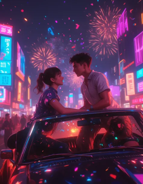 "Happy New Year" will be displayed on the screen as a header. 
fireworks of celebration, celebration colorful confetti falling from the sky, 
Neon lights shine in the night city. 
I drive with you. Musical notes play from the car stereo. 
I run through the...