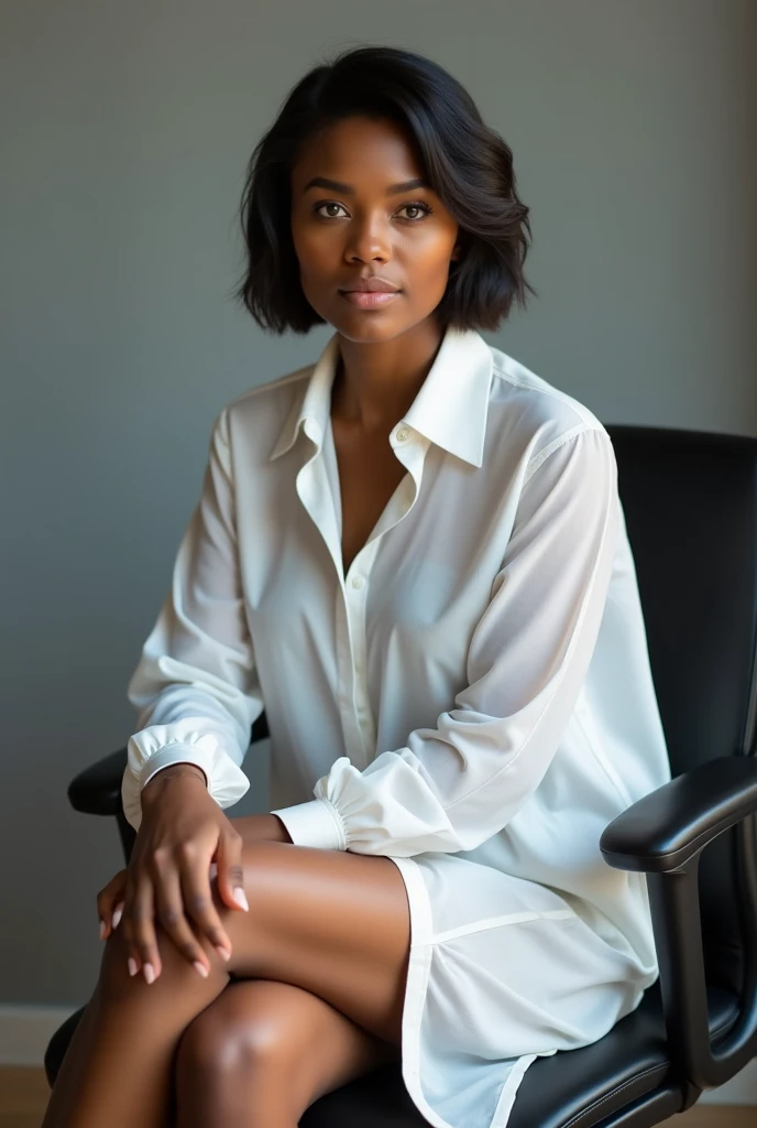 Portrait of a calm and focused 35-year-old businesswoman sitting in a professional posture on a black office chair. Her oval face has a warm milk chocolate complexion, punctuated by a discreet mole at the corner of her mouth. Her short, layered hair frames...