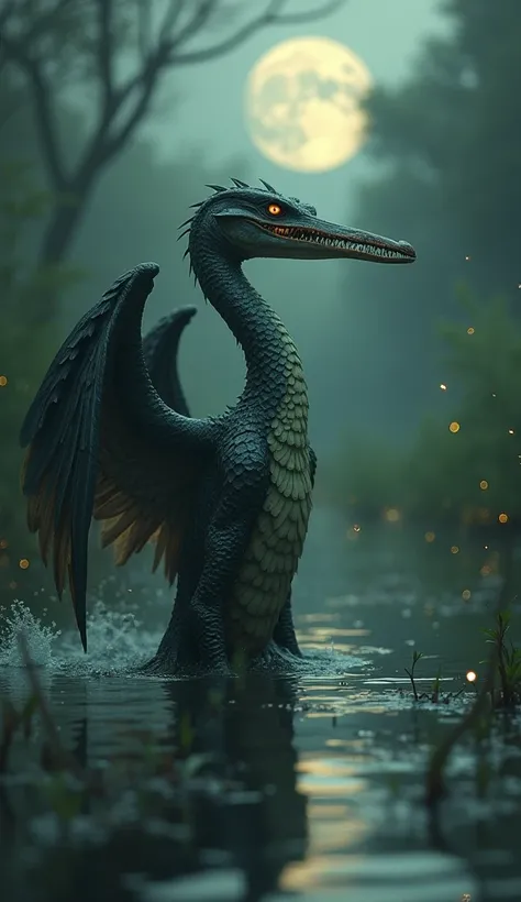  Emerging from the moonlit swamp, a bizarre creature stands partially submerged in murky water. Its elongated, scaled body glistens faintly in the pale light, while graceful wings, like those of a heron, extend from its back. Its neck is long and serpentin...