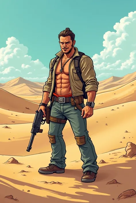 A cartoon of a man in a desert with a gun, comic artwork, comic illustration, comic page, comics illustration, coloured comic, in side page of comic book, comic art ", comic art style 