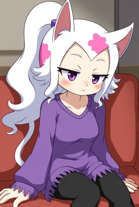 Female cow, ((Sonic oc character)), (female Sonic character), (white fur with pink cow print), (1girl), (solo), ponytail, (long wavy hair), medium breasts, eyelashes, house, couch, sitting, purple sweater, black tights, fringe_trim, blind, puzzled expressi...