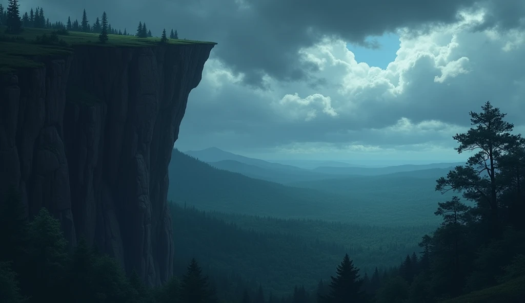  best quality image, Beautiful image, anime style, Imagine a scenario of a high cliff ,  The sky is dark and cloudy ,  in the background you can only see a large forest.
