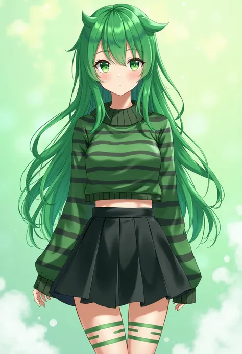 Anime girl with green hair wearing a crop top sweater with green and black lines a black skirt and tights with green and black lines