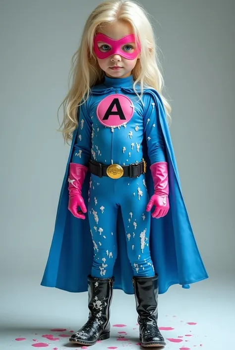  A young girl with blond hair, wearing blue superhero spandex suit with black letter "A" inside pink circle-shaped insignia on her chest. She is also wearing blue cape, pink eye mask, pink gloves, black belt with golden plate, black boots. Disgusted. Cover...