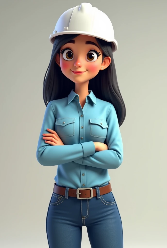 Animation of a female mining worker wearing a plain long-sleeved light blue shirt,two pockets on the chest, jeans, a white helmet, full body to the feet, while folding her arms, wearing high safety shoes, face facing forward, smiling, black hair, HD