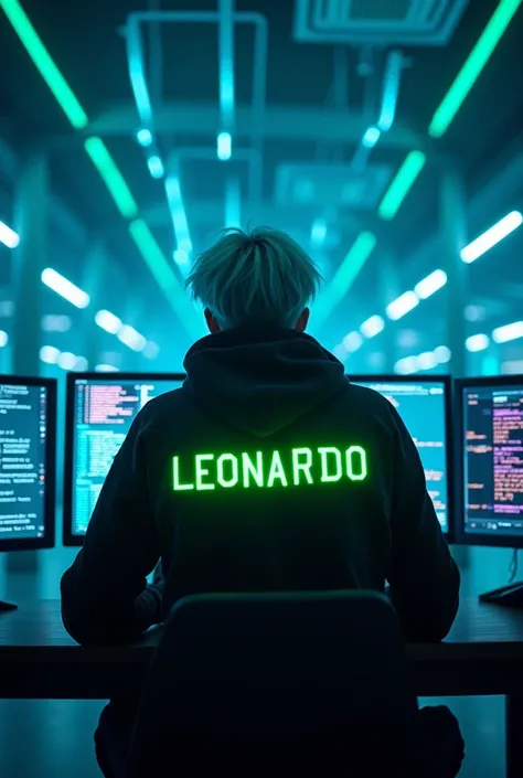 Create a 3464×3464 image featuring a lone hacker seated at a sleek, futuristic computer in a dimly lit room filled with glowing screens and digital data streams. The hacker, a young person with short, neon-blue hair, is intensely focused, wearing a black h...