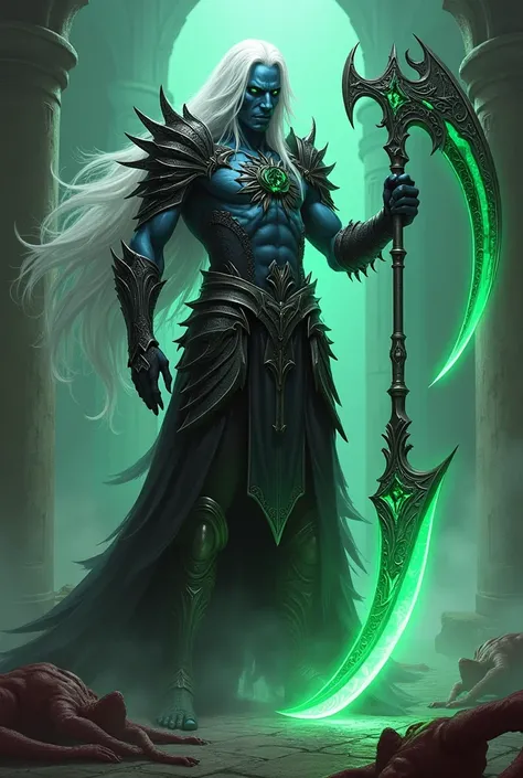 male drow with deep blue skin and long flowing white hair wearing ornate black leather armor adorned with spike and barbs, athletic and lean, large ornate reapers scythe with a glowing green blade, standing on a mist covered floor around the bodies of fall...