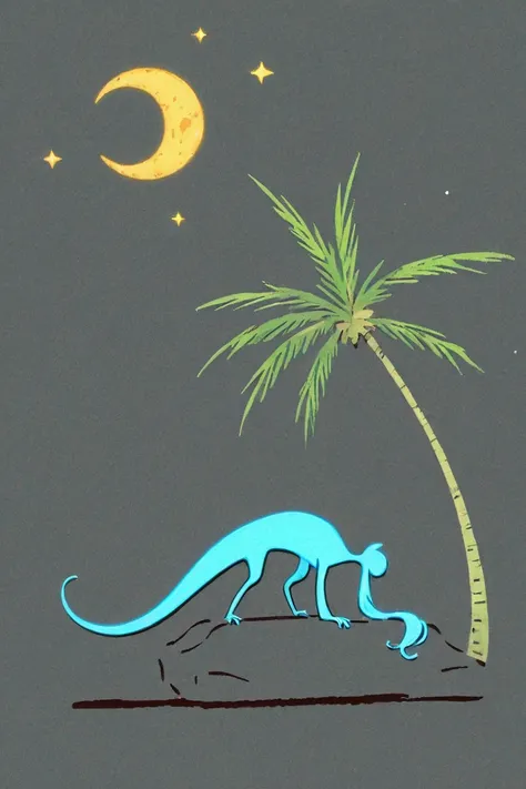  Cartoon Picture of Girl Sitting on Dinosaurs Back 、 palm tree、Blue Glowing Crescent Moon at Night  、 meteor 、  Highly Consistent Stylized Artwork、2d game fanart、Drawn as game concept art、  Background Art  、 Warm Pop Art 