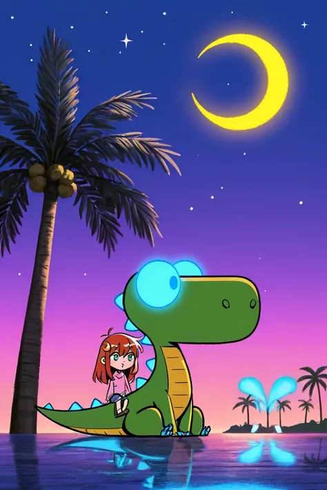  Cartoon Picture of Girl Sitting on Dinosaurs Back 、 palm tree、Blue Glowing Crescent Moon at Night  、 meteor 、  Highly Consistent Stylized Artwork、2d game fanart、Drawn as game concept art、  Background Art  、 Warm Pop Art 