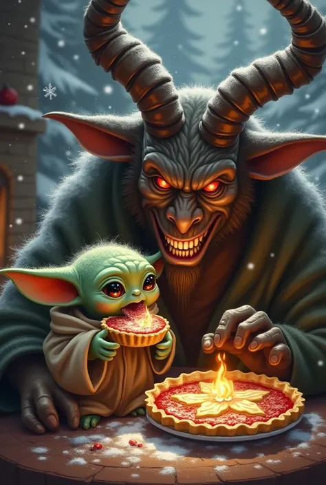 Baby yodas and krampus eating pie