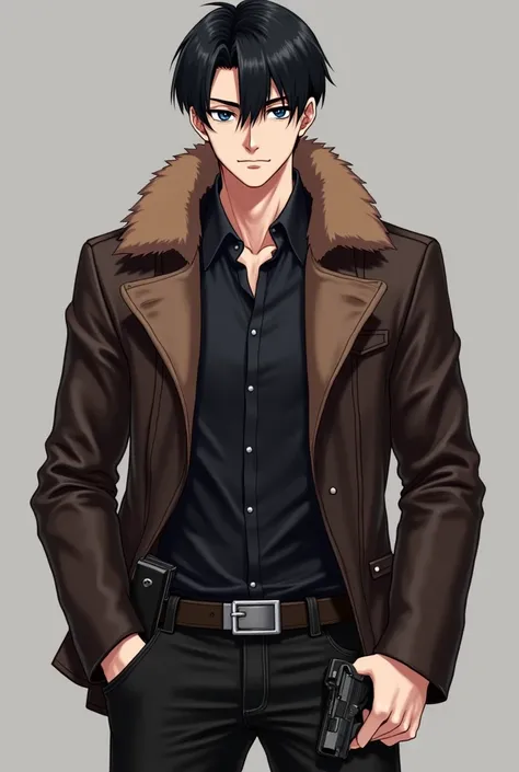 6’3 white anime male with defined jaw line, cheekbones, and dark black hunter eyes. He has short black hair with a clean smooth face. He has a slim muscular physique. Have him wearing a dark brown leather jacket with a fur collar while also wearing black j...