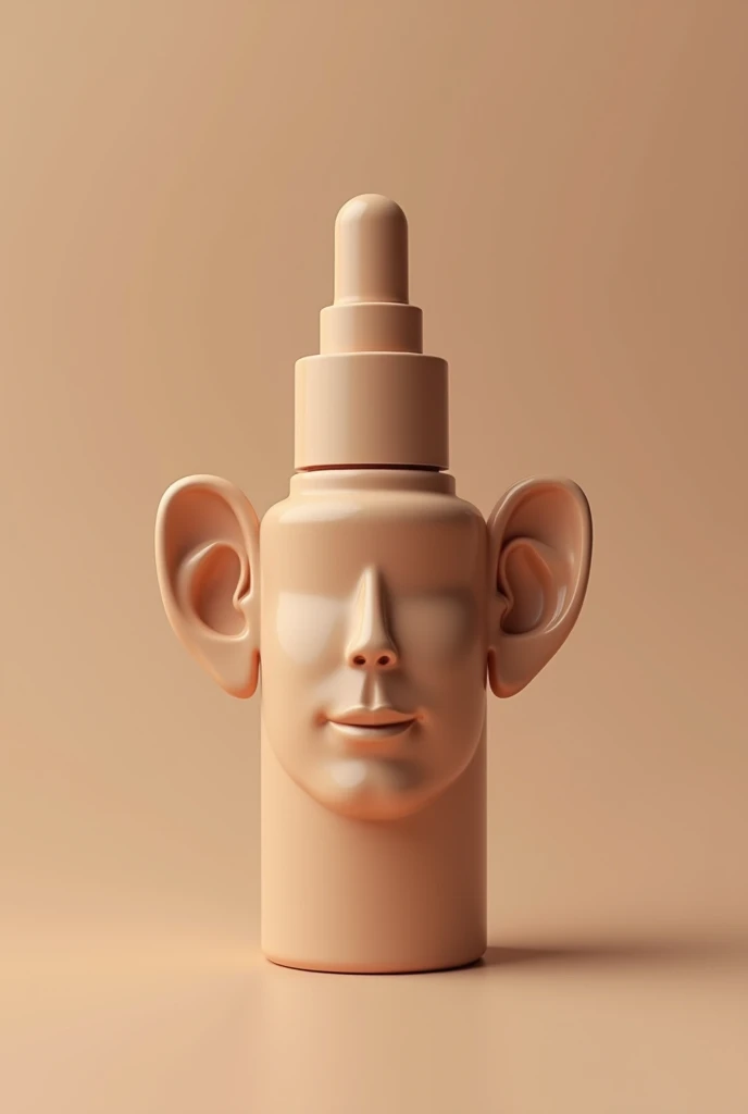 I want you to generate a product image that is of a foundation of my company which is filled in a bottle designed as a face of a women with ears to till neck and the colour of the skin is the actually colour filled in the bottle 