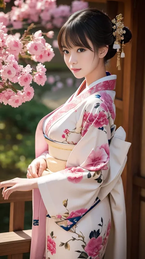 Best Quality, masutepiece, 超A high resolution, (Photorealistic:1.4), Raw photo, 1girl in, Beauty in kimono with a crane pattern, gros-plan, Looking at Viewer, castle town, Upstyle, Hair Ornament,Beautiful photos,is beautiful,fullbody image,