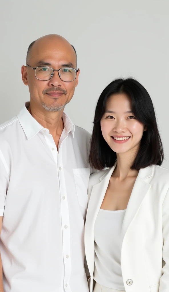 A 35-year-old bald man with clear glasses and fair skin, wearing a plain white shirt, standing beside a 24-year-old Chinese woman with straight shoulder-length black hair, also dressed in a white outfit. Both have light skin tones, complementing their clea...