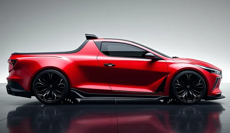 "A full side close-up view of a highly modified Hyundai Elantra pickup truck, showcasing a striking and bold concept design. The car is finished in a vibrant, glossy red color that highlights its aggressive and futuristic modifications.

The side profile r...