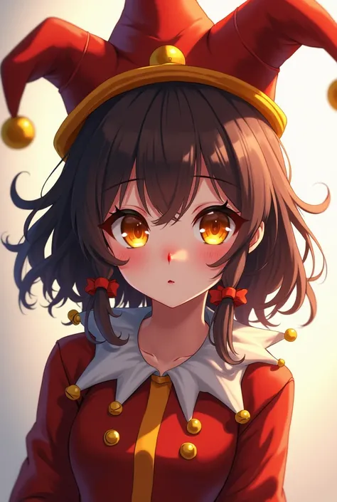 Anime girl with dark brown red hair and yellow eyes with a dark red and orange jester hat and jester outfit with a clown nose 