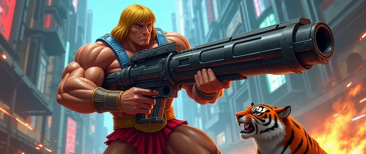 He-man character with big mission gun to firing opponent ,Aggressive Face ,tiger Cringer carrying weapons ,cyberpunk , template,4k, Film action 2d  animations art style